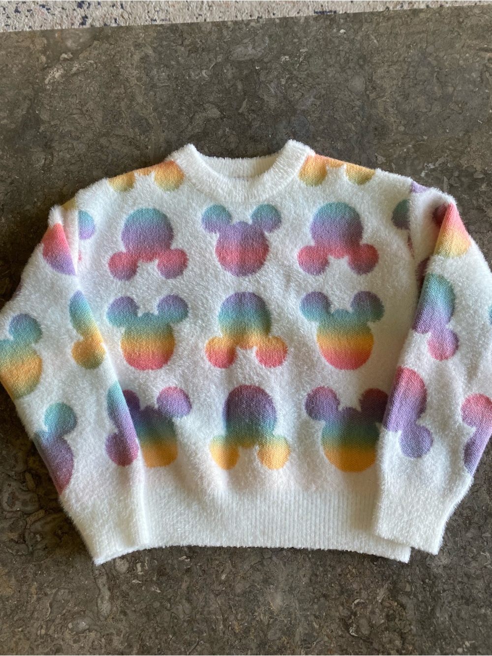Disney White Crewneck Sweater with Rainbow Gradient Mickey Motifs